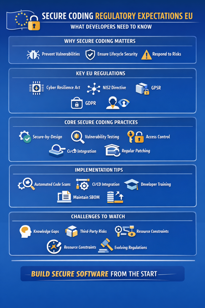 Overview infographic of secure coding regulatory expectations eu throughout the software development lifecycle. 