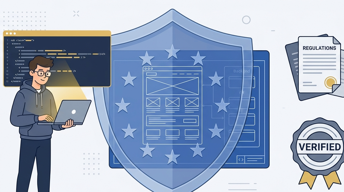 Vector illustration showing a developer and EU shield for the secure coding EU regulatory context.