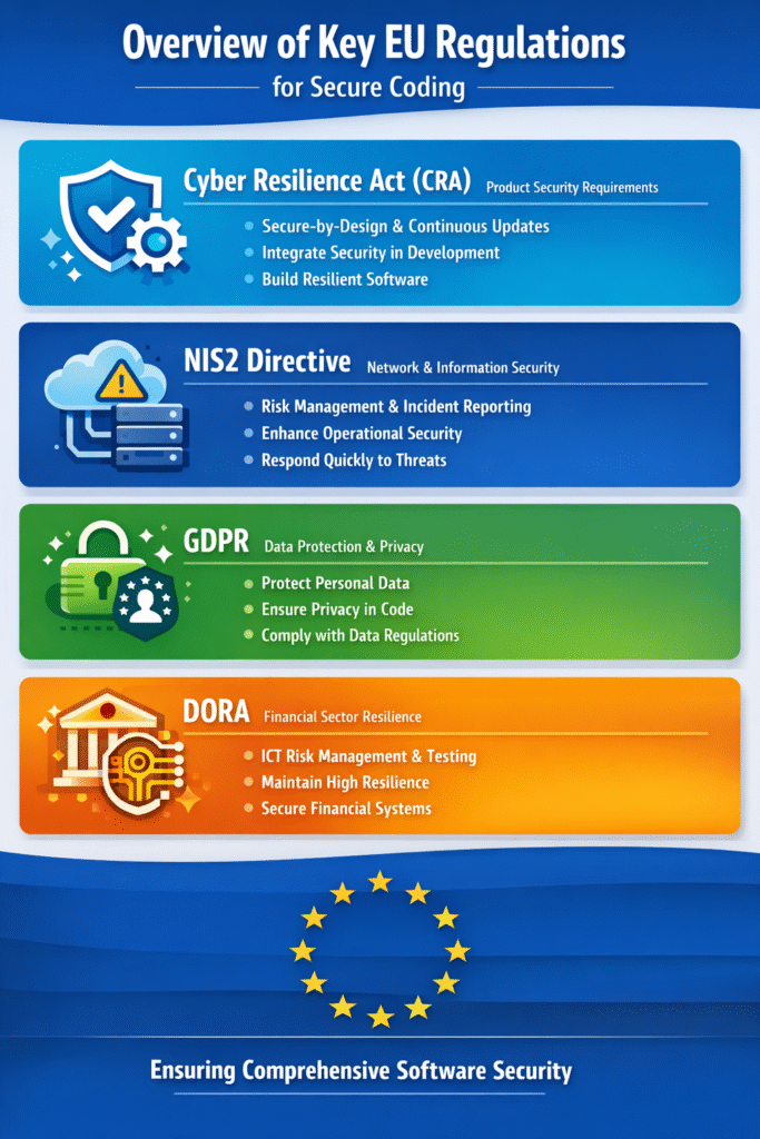 Infographic illustrating the secure coding EU regulatory context for software.
