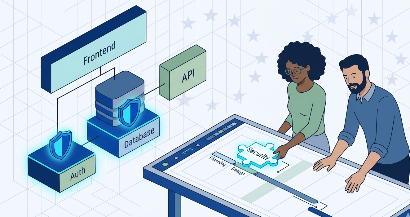 Diverse developers placing a security puzzle piece, illustrating software security by design EU.