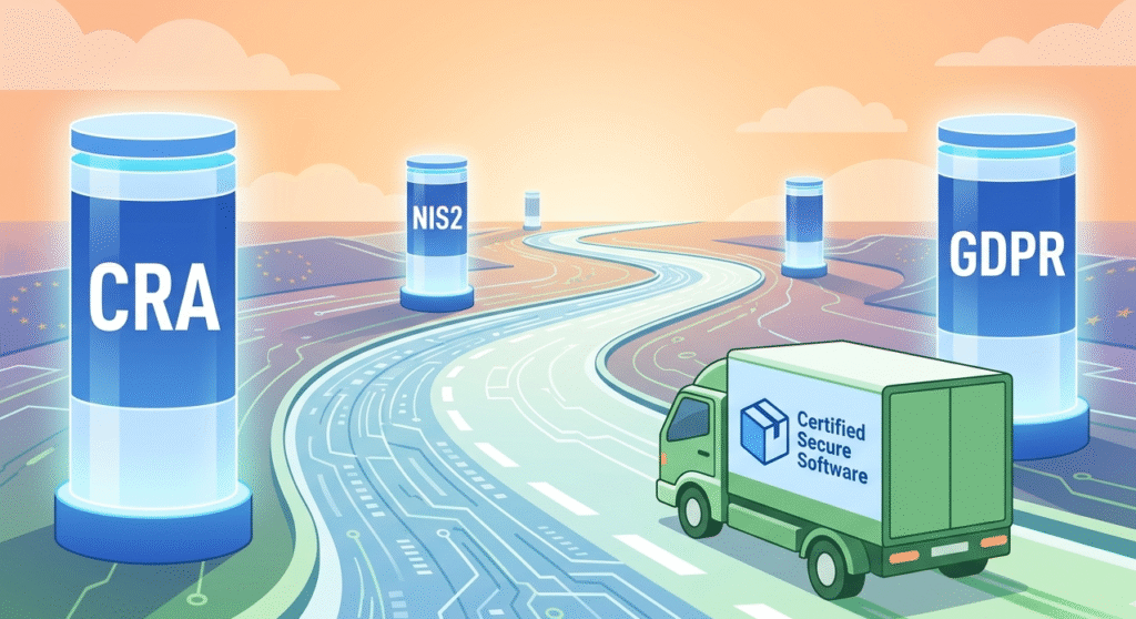 Digital highway with regulatory milestones showing the future of software security by design EU.