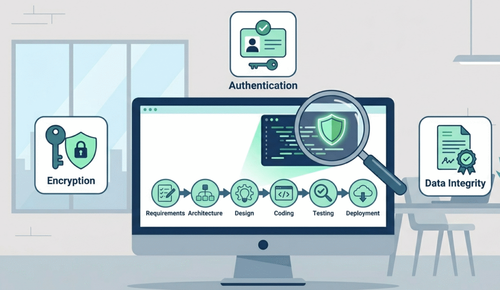 Vector illustration of an SDLC monitor showing security by design CRA requirements and secure development steps.