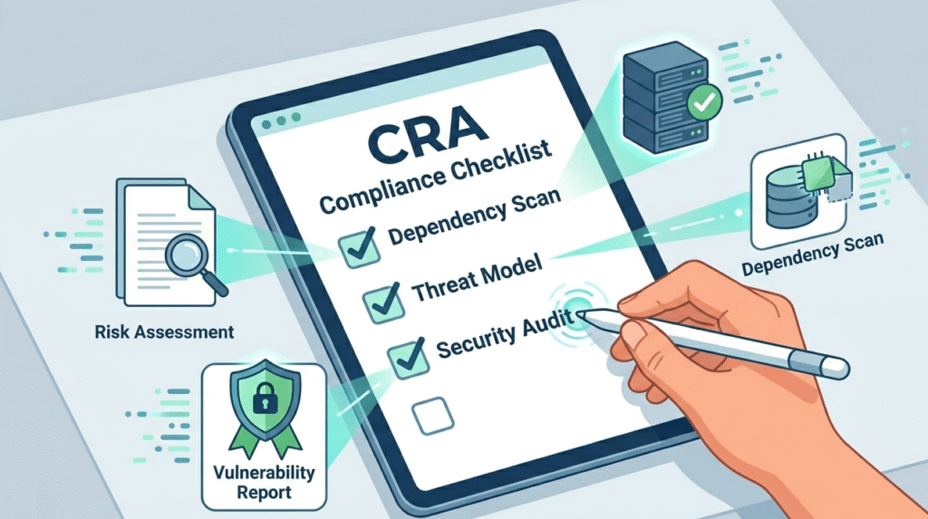A digital checklist for security by design CRA requirements including risk assessment and vulnerability reports.