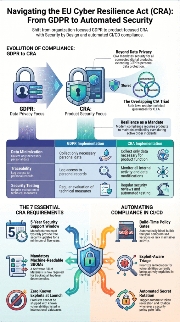 Infographic summarizing security by design CRA requirements for EU software development and risk-aware coding.