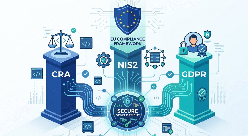 Digital pillars for CRA, NIS2, and GDPR, illustrating the framework of secure coding practices EU law.
