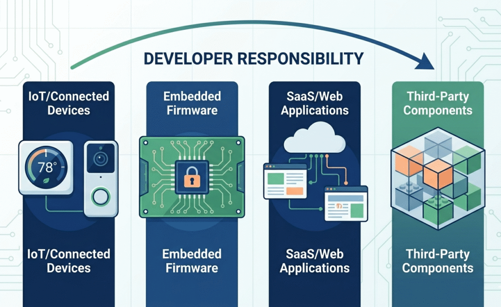 Horizontal pillars showing IoT and SaaS scope for eu cyber compliance basics developers and responsibilities.