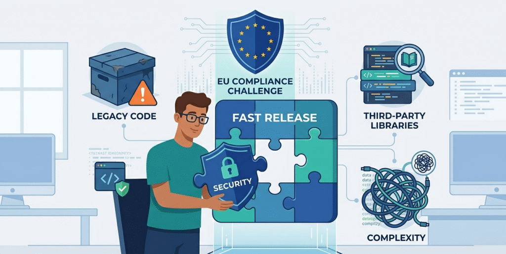  Vector art showing a developer balancing fast releases with secure coding practices EU law and complex legacy code.