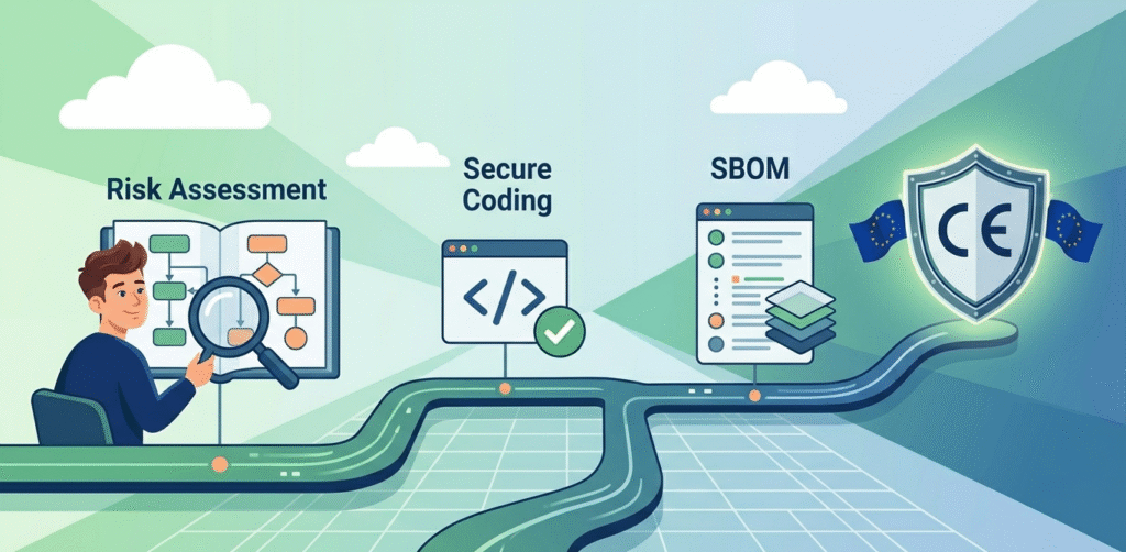 A minimalist vector scene depicting secure software lifecycles and eu cyber compliance basics developers.