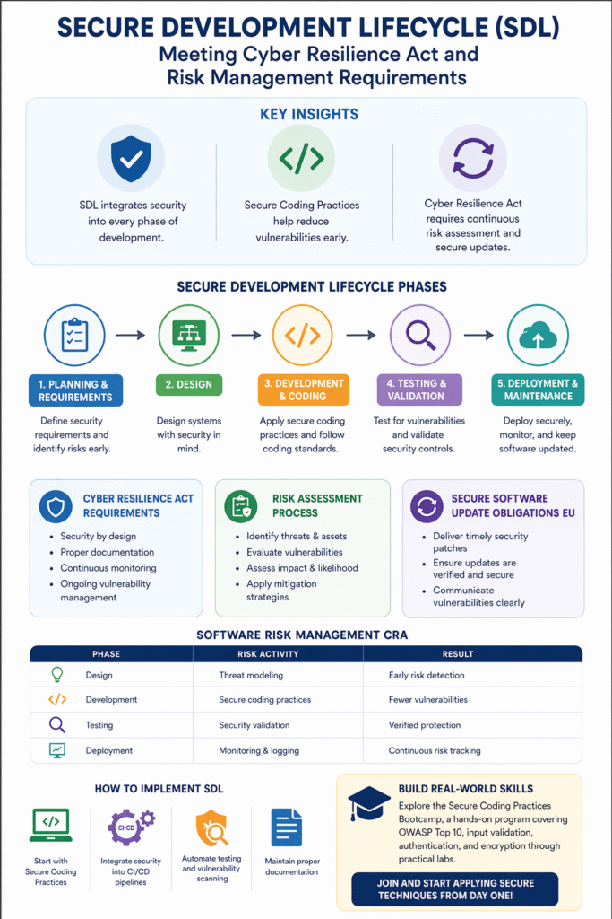 Comprehensive infographic of the Secure Development Lifecycle phases and Cyber Resilience Act requirements.