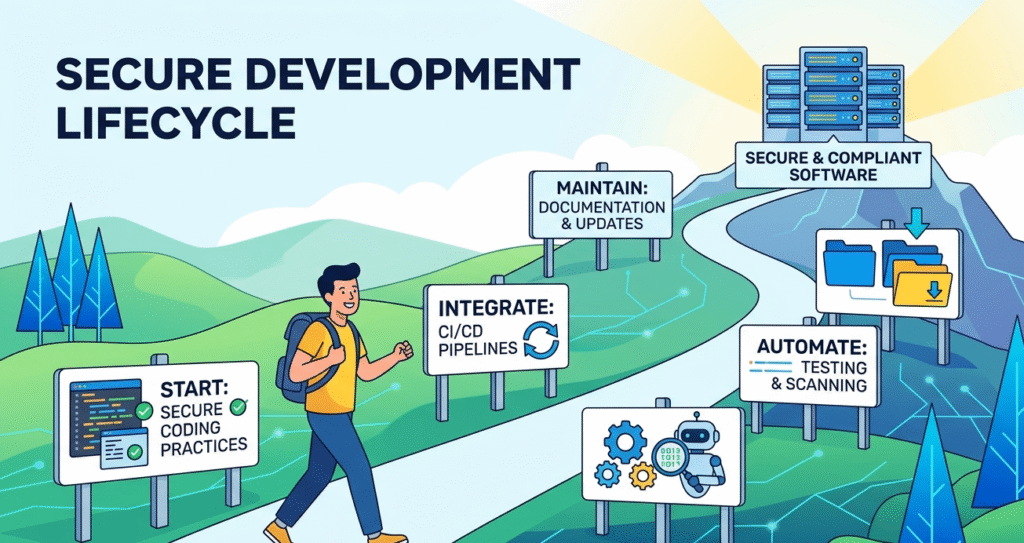 Five-stage pipeline showing the Secure Development Lifecycle from planning to maintenance with security robots.