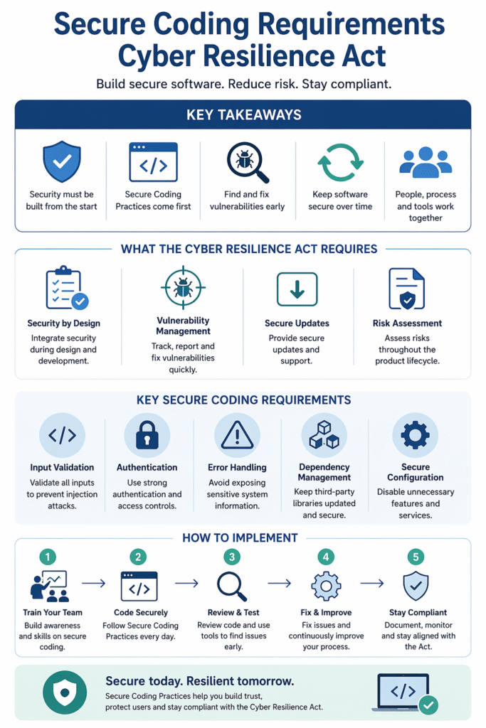 Infographic showing secure coding requirements cyber resilience act for building safe software and reducing risk.