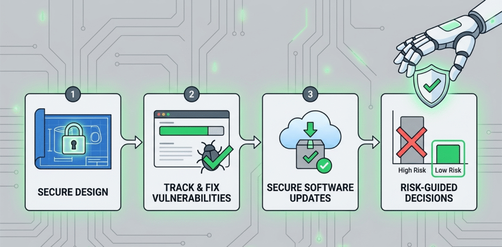 Flowchart of mandates including secure design and updates under secure coding requirements cyber resilience act.