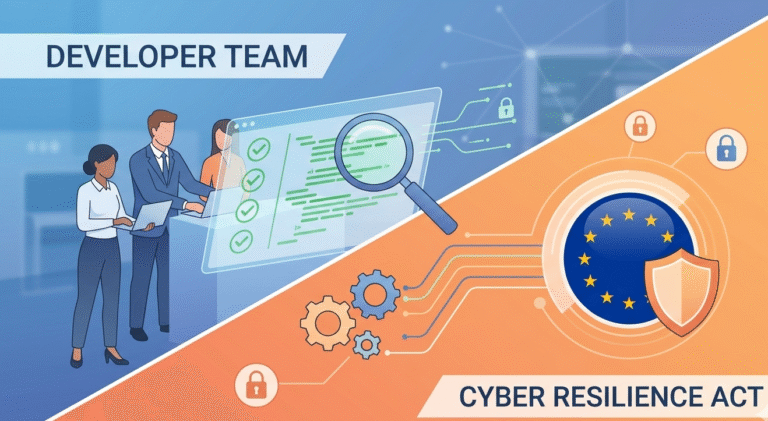 Vector illustration of a developer team aligning workflows with secure coding requirements cyber resilience act.