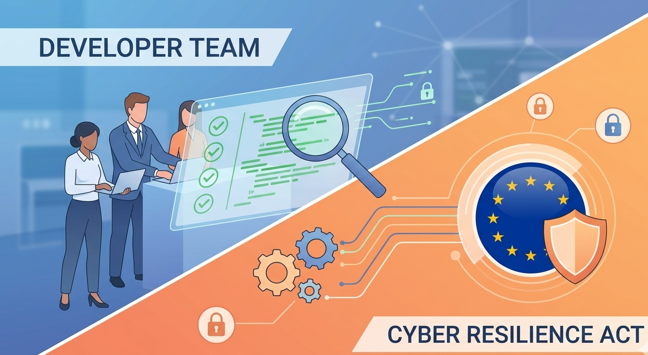 Vector illustration of a developer team aligning workflows with secure coding requirements cyber resilience act.
