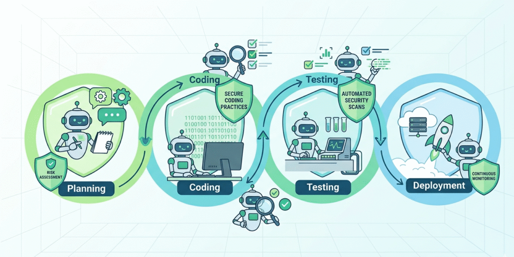Continuous loop of the Cyber Resilience Act Secure Development Lifecycle featuring friendly security robots.
