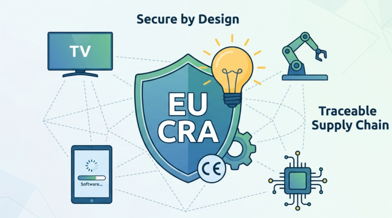 Graphic showing secure by design principles in EU digital product security rules, emphasizing traceable supply chains.