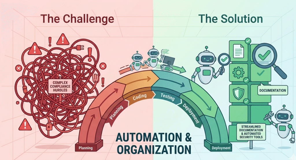 Split-screen showing the Cyber Resilience Act Secure Development Lifecycle journey from chaos to automation.