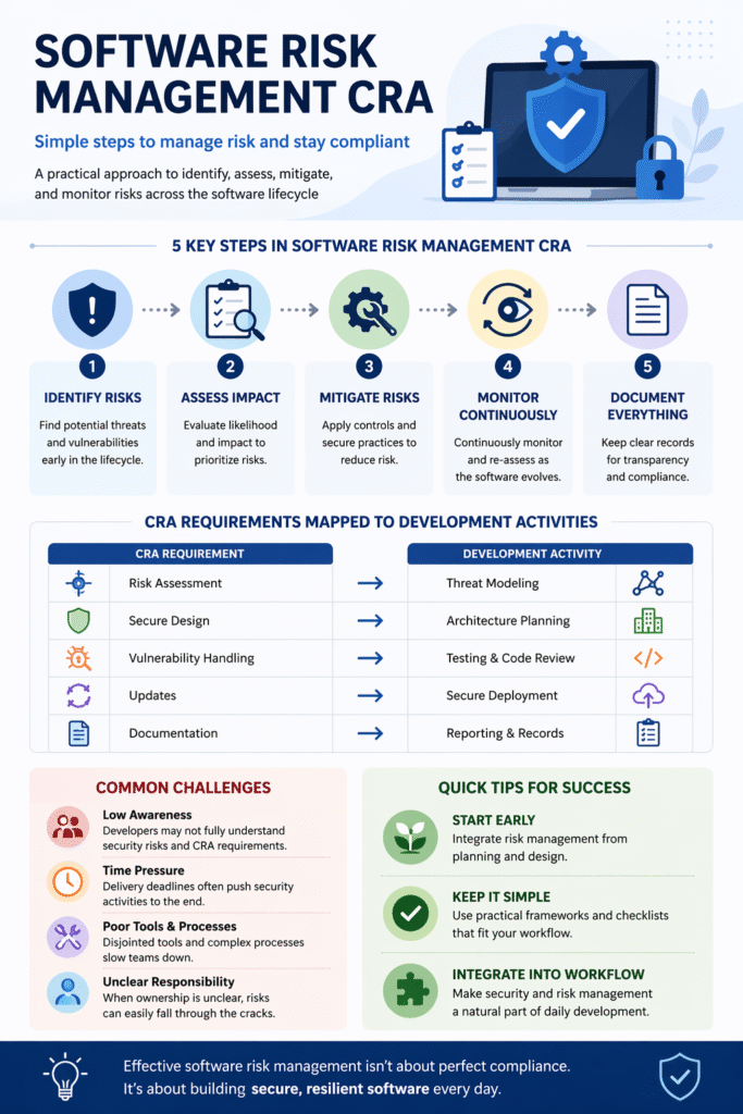 2D infographic showing 5 key steps for software risk management CRA from identification to documentation.