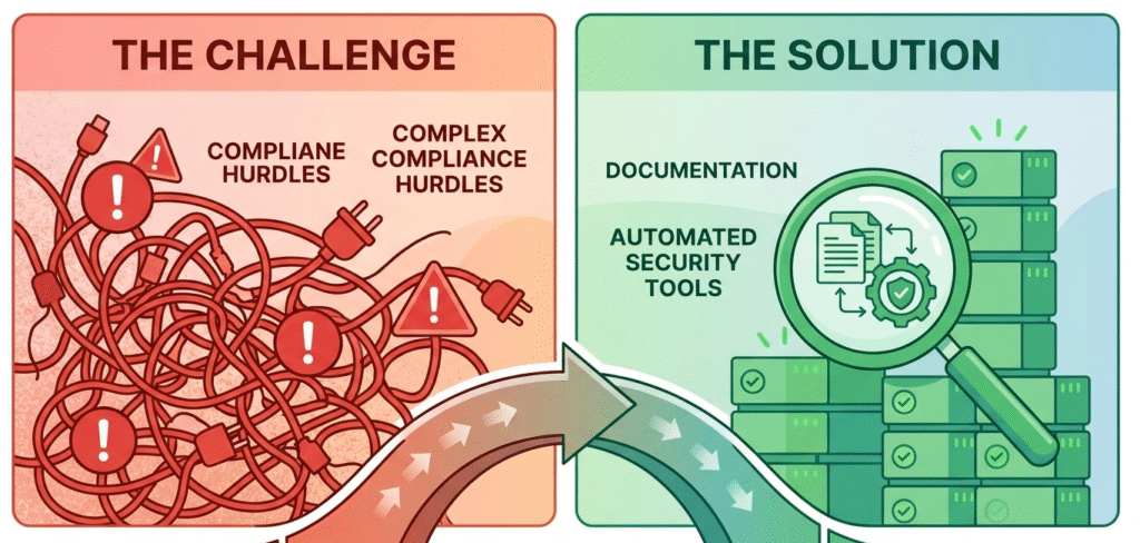 Split-screen illustration comparing complex hurdles to a streamlined software risk management CRA solution.