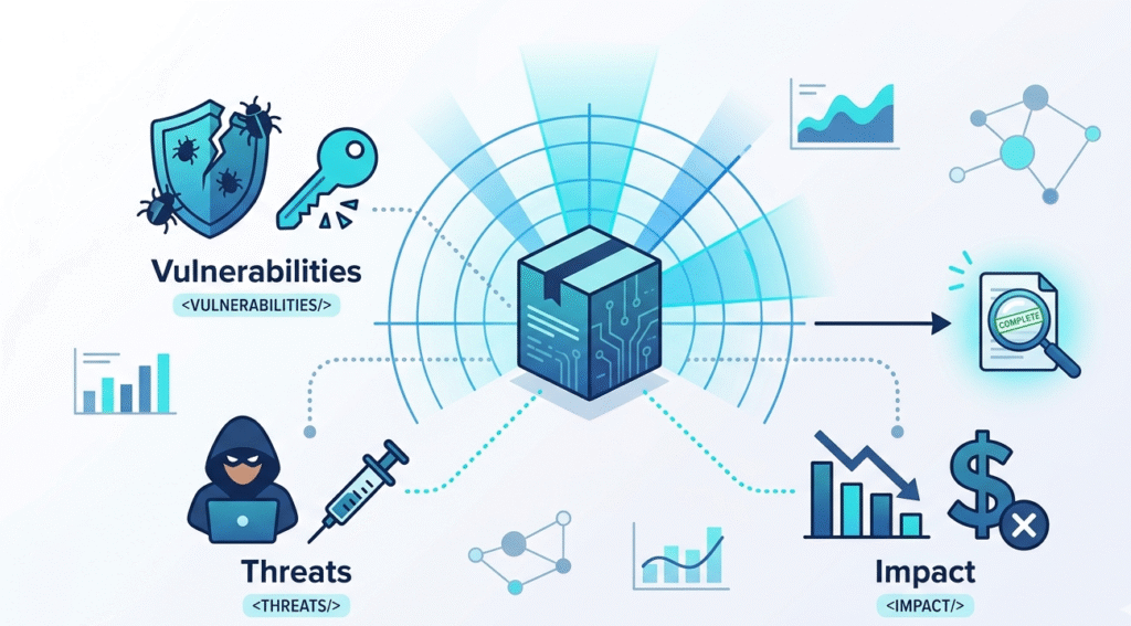 Diagram showing software scanning for risk assessment requirements cyber resilience act, threats, and impacts.