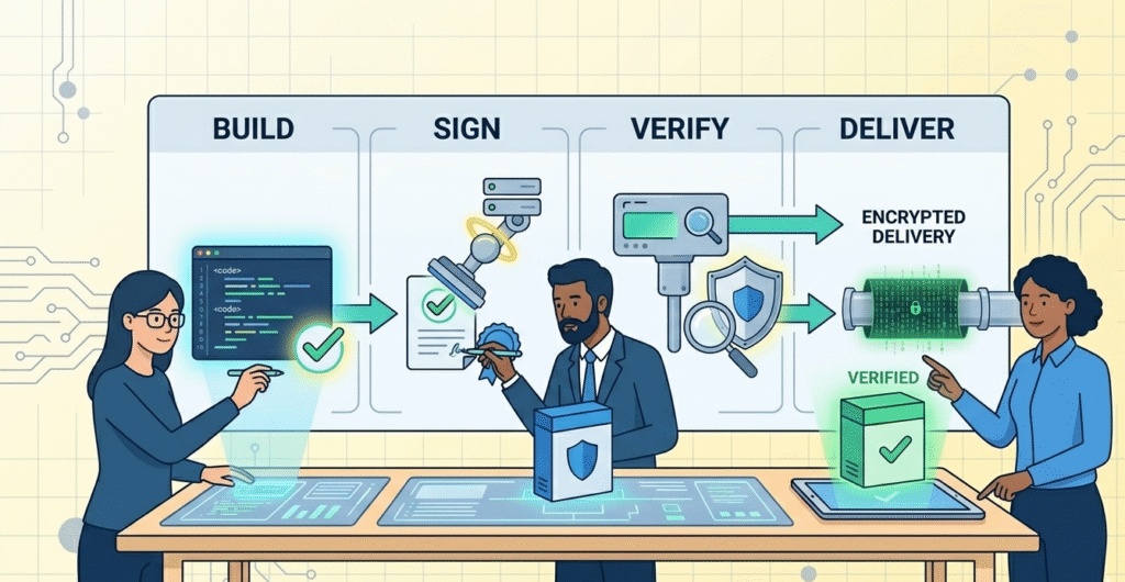 Professional team collaborating on the build, sign, and verify secure software update obligations eu process.