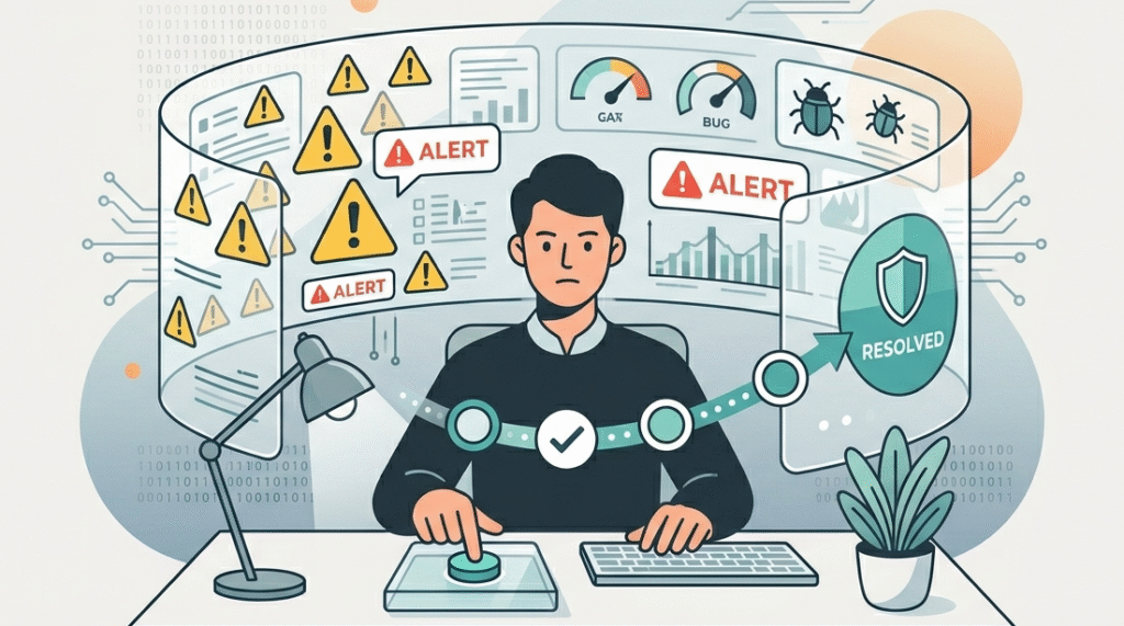 Illustration of an IT professional managing alerts to ensure effective vulnerability and risk management.