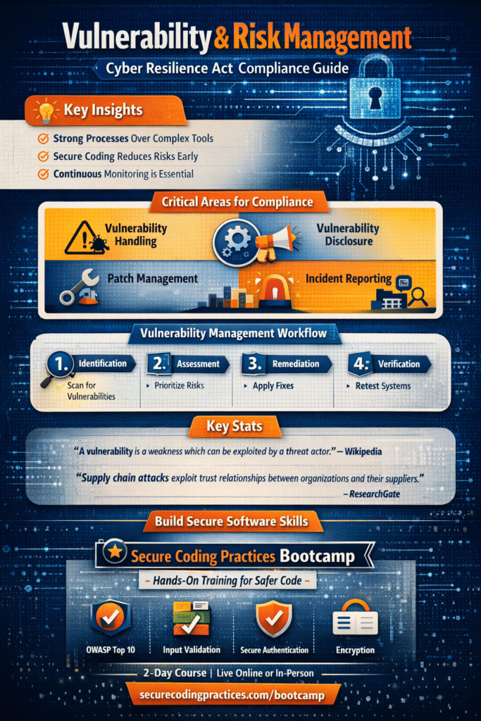 Infographic detailing the Cyber Resilience Act for vulnerability and risk management compliance and workflows.