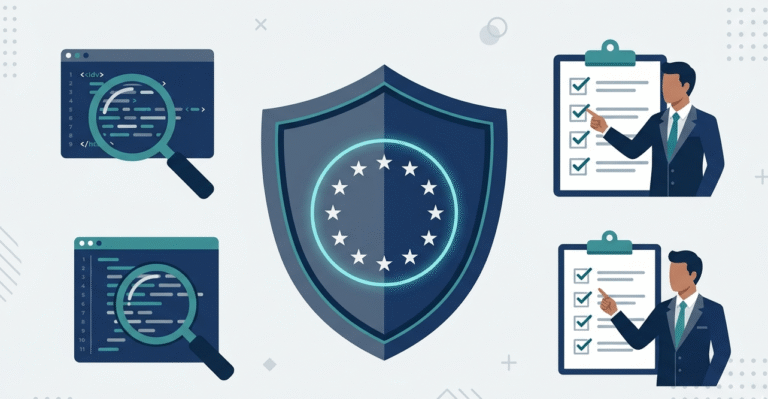 EU shield icon with code reviews and checklists for vulnerability handling compliance with the Cyber Resilience Act.