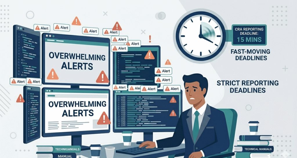 Man facing overwhelming alerts and strict 15-minute deadlines for vulnerability handling per the Cyber Resilience Act.