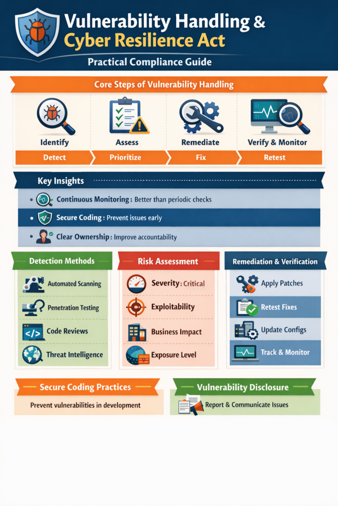 Infographic showing core steps and detection methods for vulnerability handling under the Cyber Resilience Act.