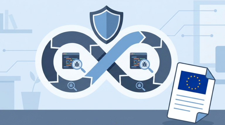 EU flag document and infinity loop illustrating the Cyber Resilience Act vulnerability disclosure lifecycle.