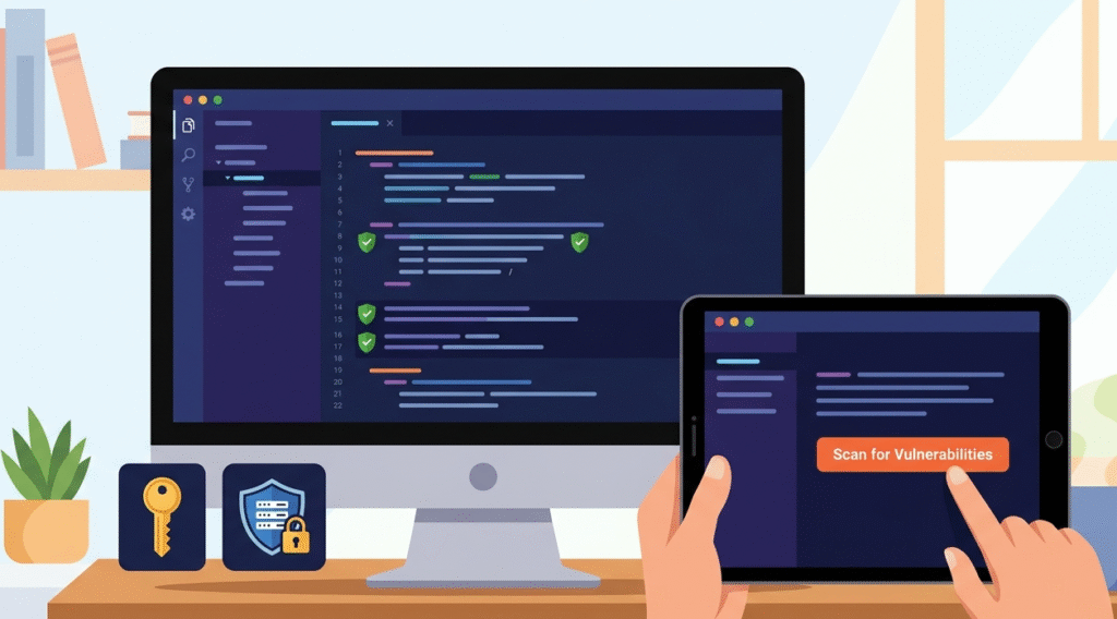 Secure coding interface on a monitor used for Cyber Resilience Act vulnerability disclosure and scanning.