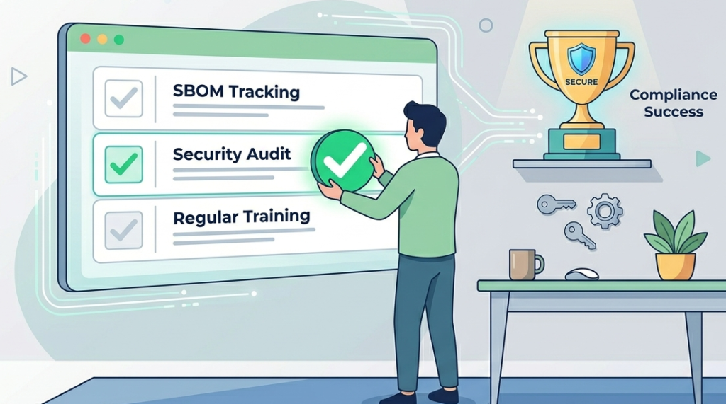 Developer completing a compliance checklist as part of the secure software development eu law workflow.