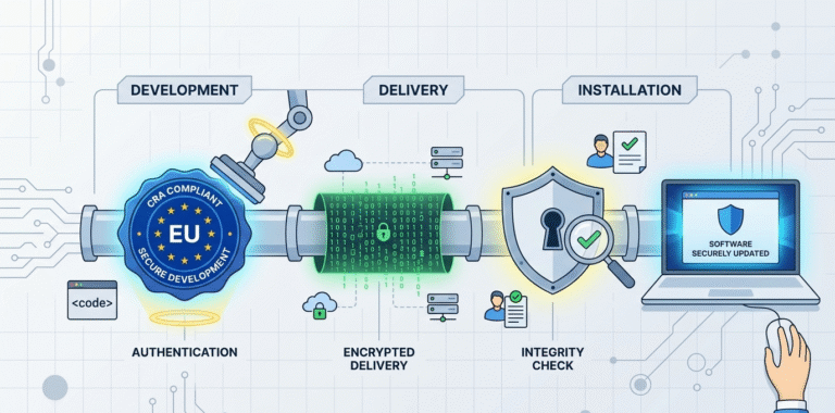 Stylized pipeline showing development and delivery to meet secure software update obligations eu.