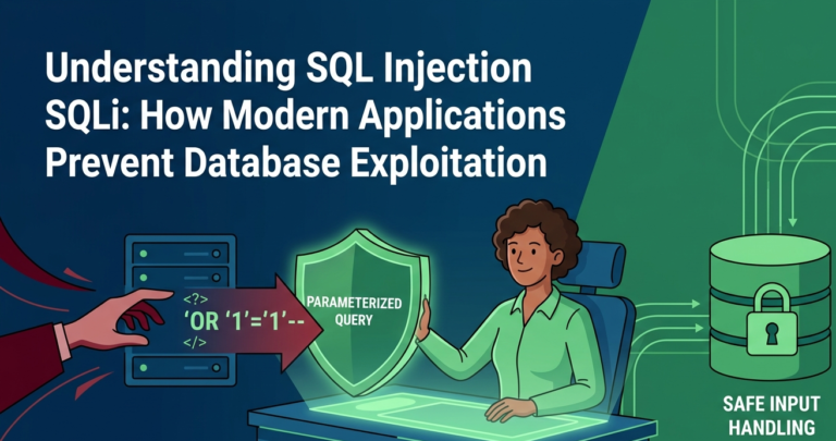 Professional woman blocking a hacker's code using a parameterized query shield for Understanding SQL Injection SQLi. 