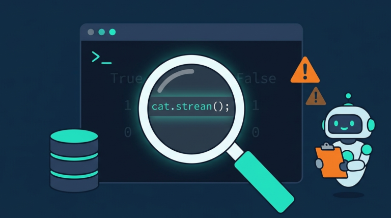 Illustration of a magnifying glass inspecting database code for a blind SQL injection techniques tutorial. 
