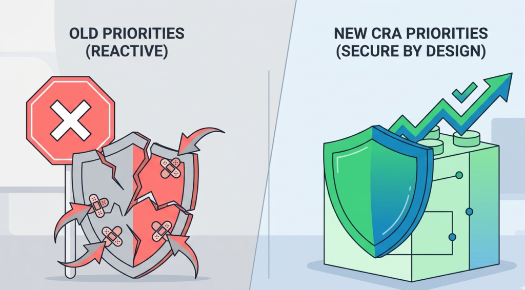 A before-and-after comparison of reactive security versus proactive cyber resilience act compliance services. 