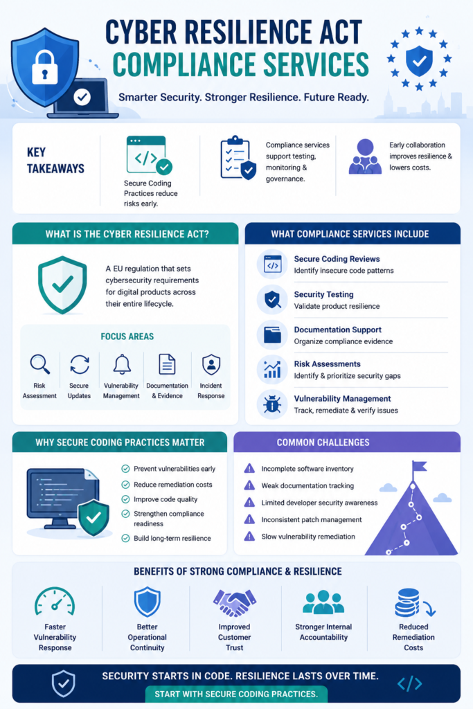 Detailed infographic outlining key takeaways and benefits of cyber resilience act compliance services. 