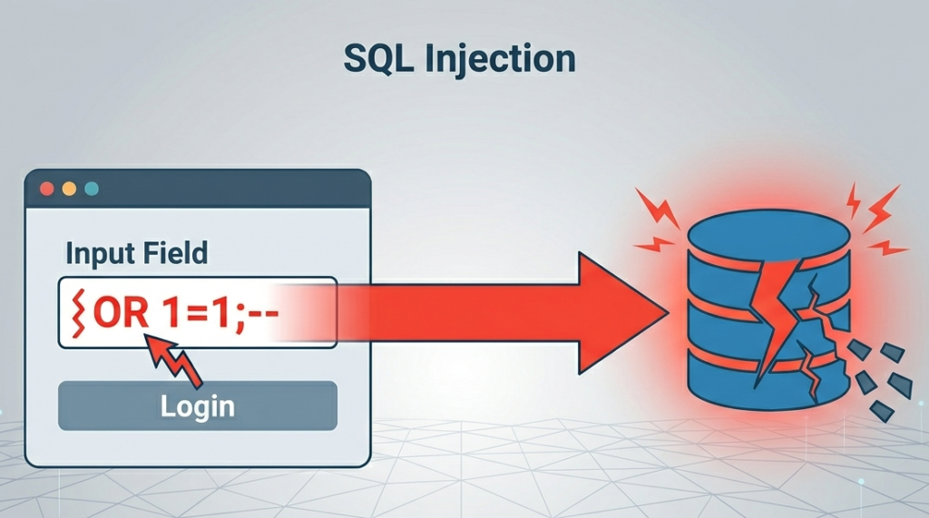 Diagram showing Common Vulnerabilities & Attacks via a malicious SQLi script breaching a database. 