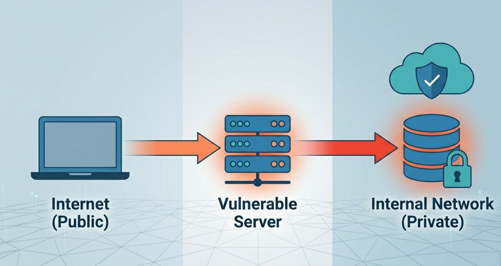 A forged request path illustrating Common Vulnerabilities & Attacks targeting internal private networks. 