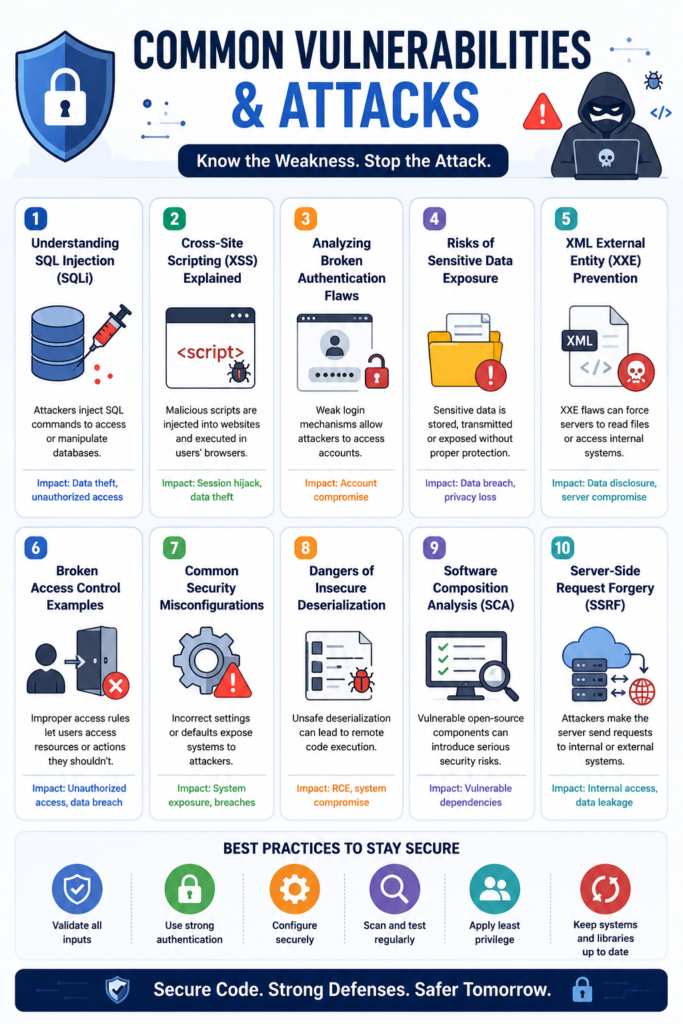 A comprehensive guide to 10 Common Vulnerabilities & Attacks and best practices for secure coding. 
