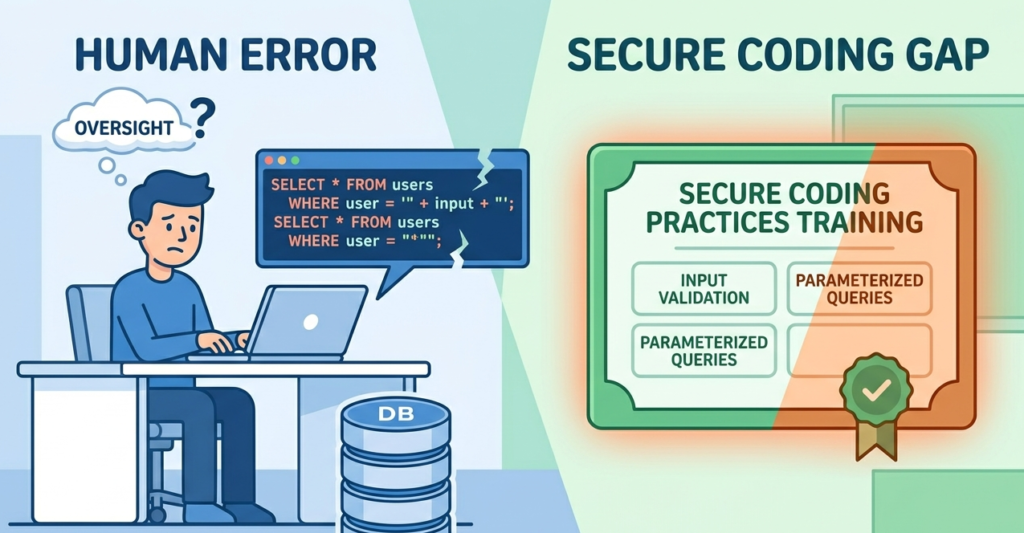 Conceptual vector art illustrating what causes SQL injection attacks through developer oversight and secure coding gaps. 