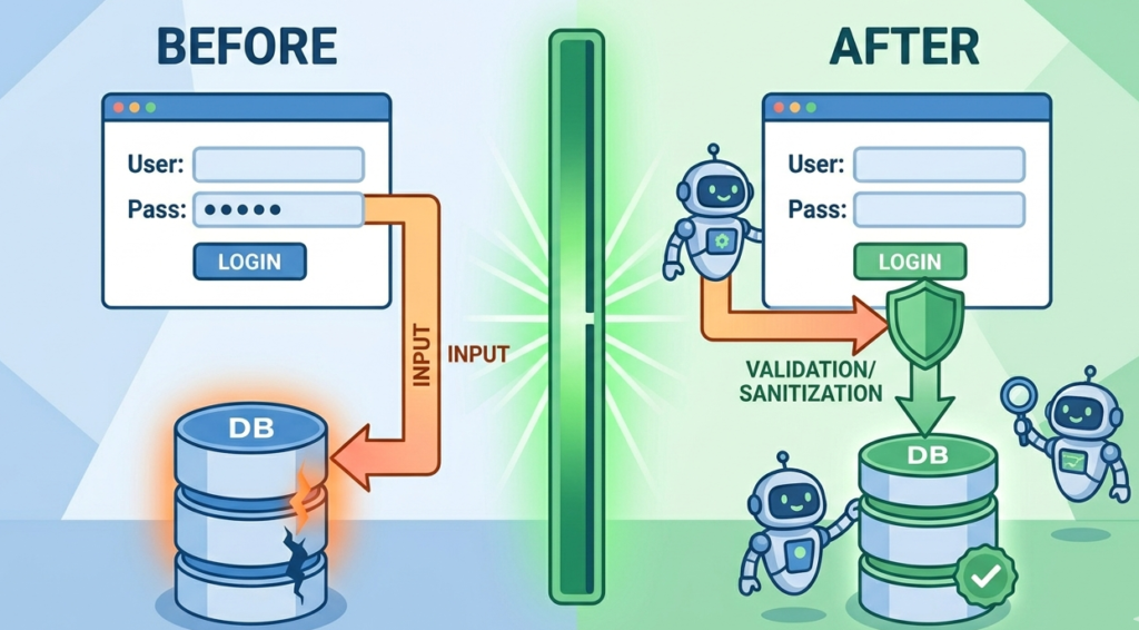 A before and after diagram showing what causes SQL injection attacks and how validation blocks malicious user inputs. 