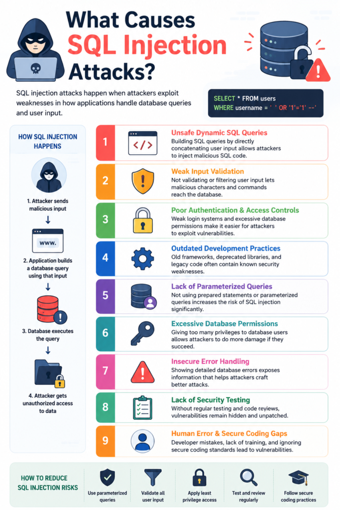 Comprehensive infographic explaining what causes SQL injection attacks and five key methods to reduce database security risks. 