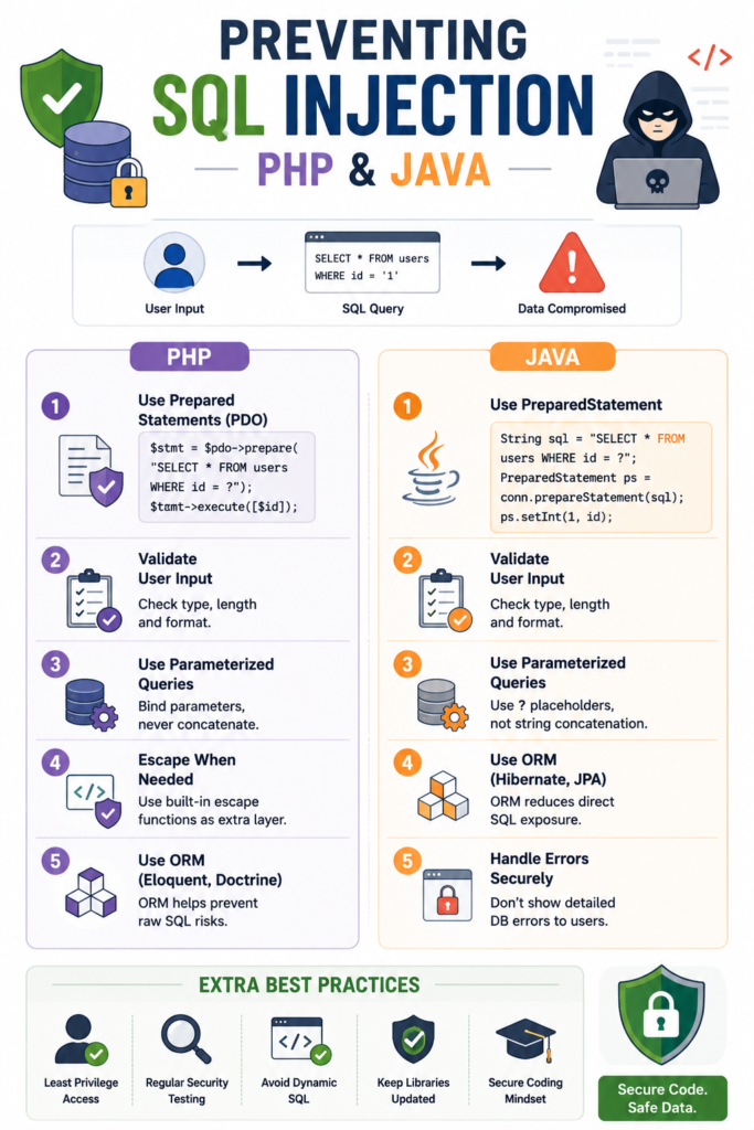 A detailed technical guide on preventing SQL injection PHP Java using PDO, ORM, and input validation.