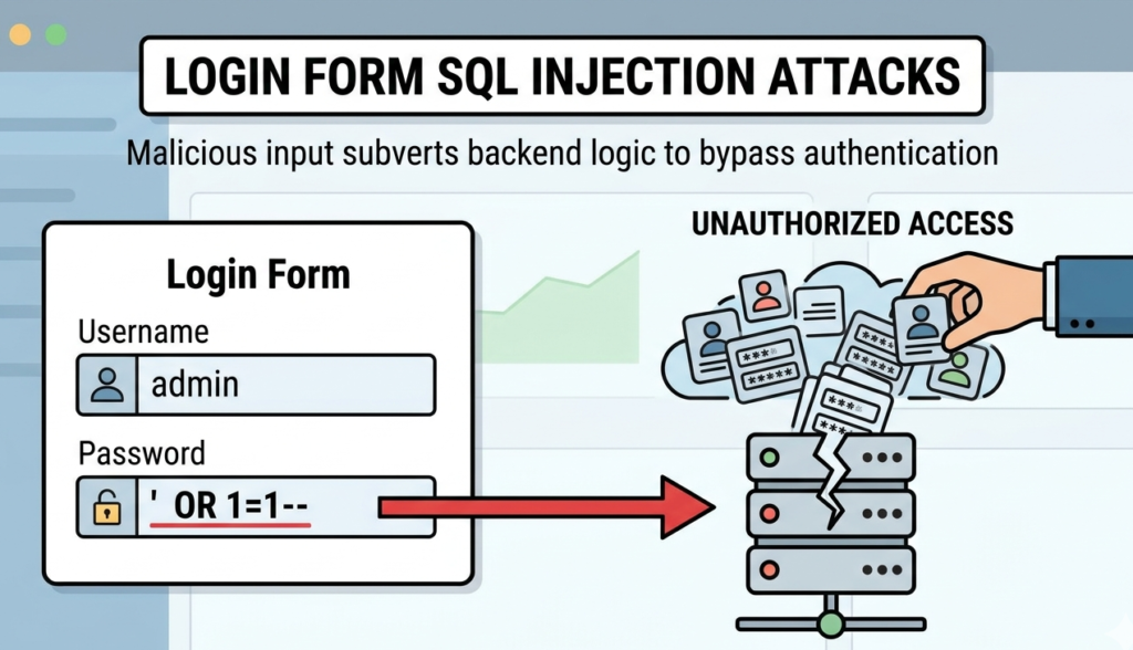 Visual guide to sql injection attack examples websites showing a malicious payload bypassing a login form.