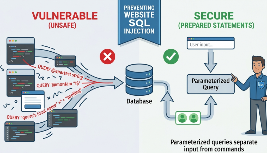 Diagram comparing unsafe input vs secure prepared statements to stop sql injection attack examples websites.