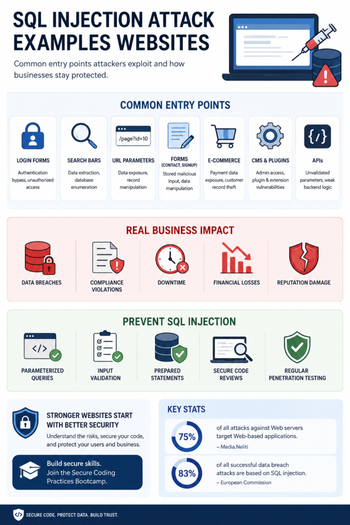 Infographic showing sql injection attack examples websites use to breach data and how to prevent them.