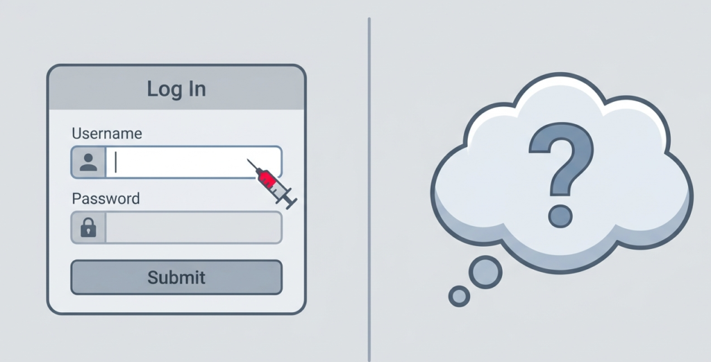 UI graphic showing a login form being injected with a syringe for a blind SQL injection techniques tutorial. 