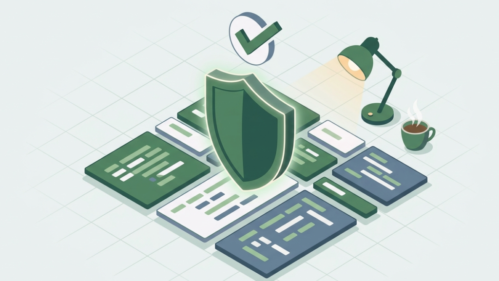 Isometric 2D illustration of a glowing shield protecting code for a blind SQL injection techniques tutorial. 